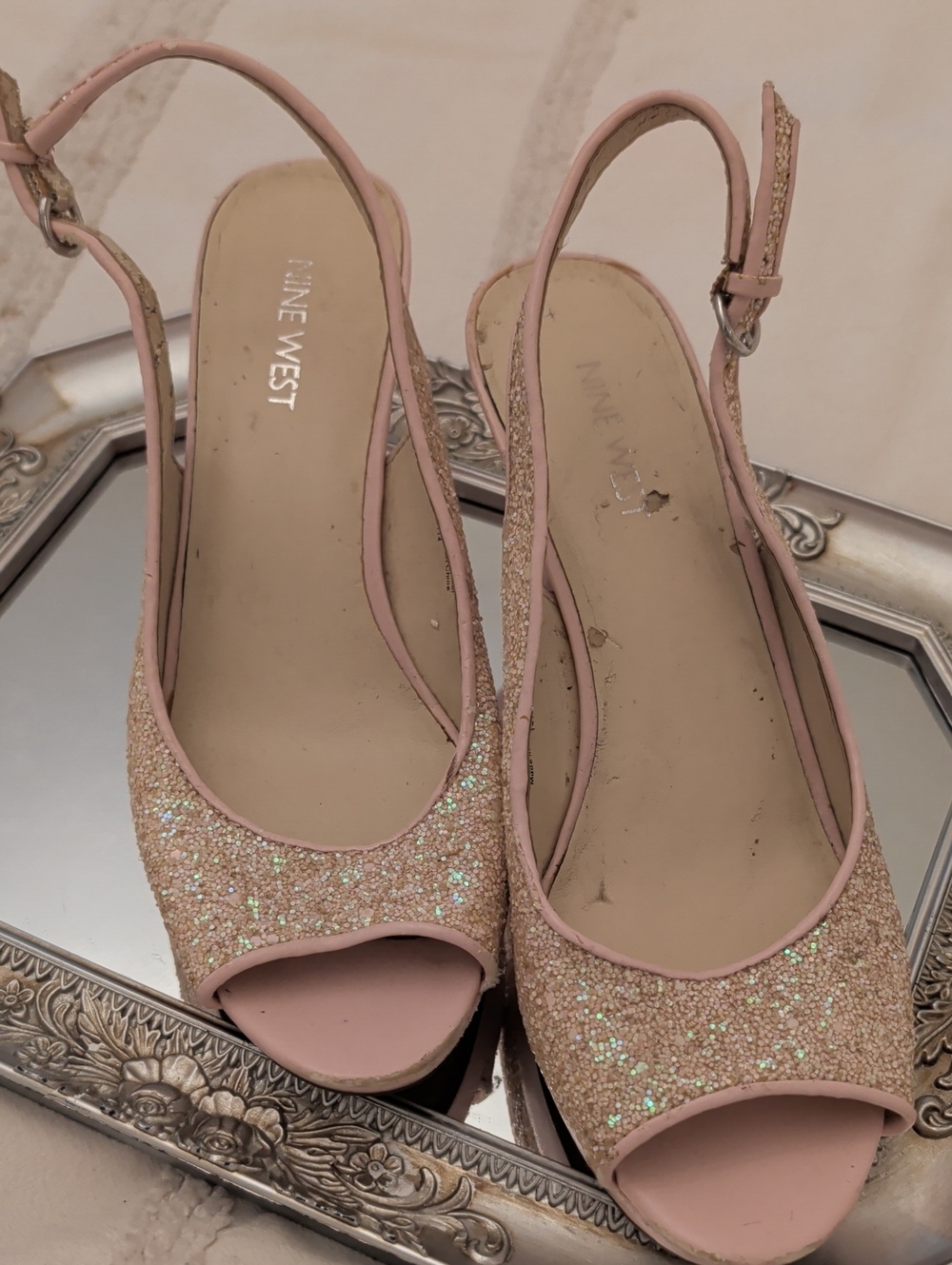 Nine West Pink Glitter Slingback Peep Toe Heels